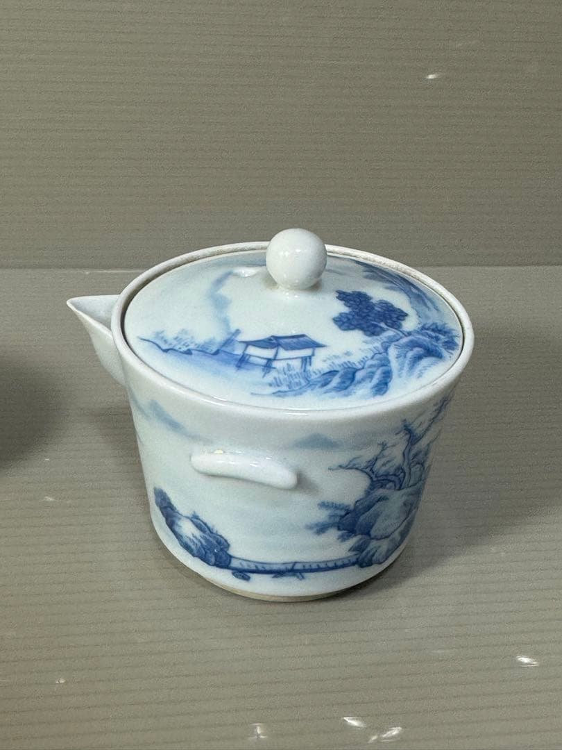 2616中国骨董　大明年製銘　染付山水茶器セット　宝瓶1客　湯冷し1客　湯呑5客