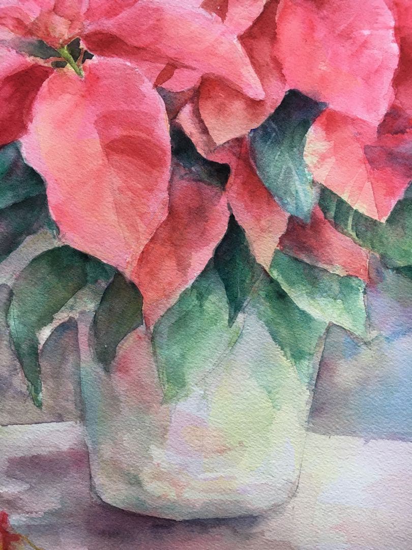 透明水彩画原画　クリスマス　聖夜　ポインセチア