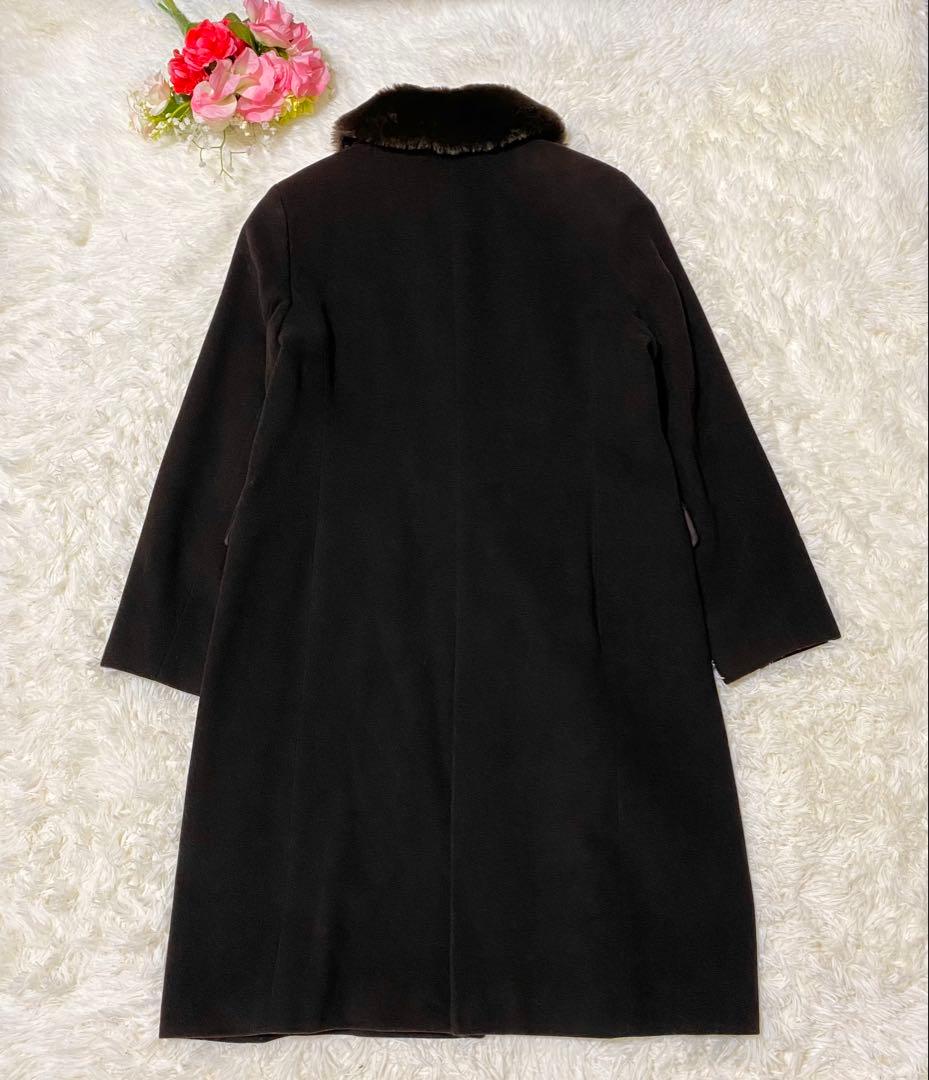 【美品】23区　ウール　ステンカラーコート　ファー付き　大きいサイズ　濃ブラウン
