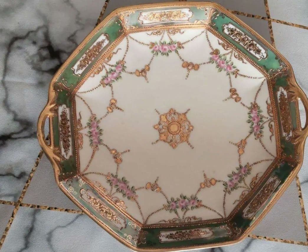 新春セール~1/31オールドノリタケ 希少 手付き八角形の薔薇の花柄皿