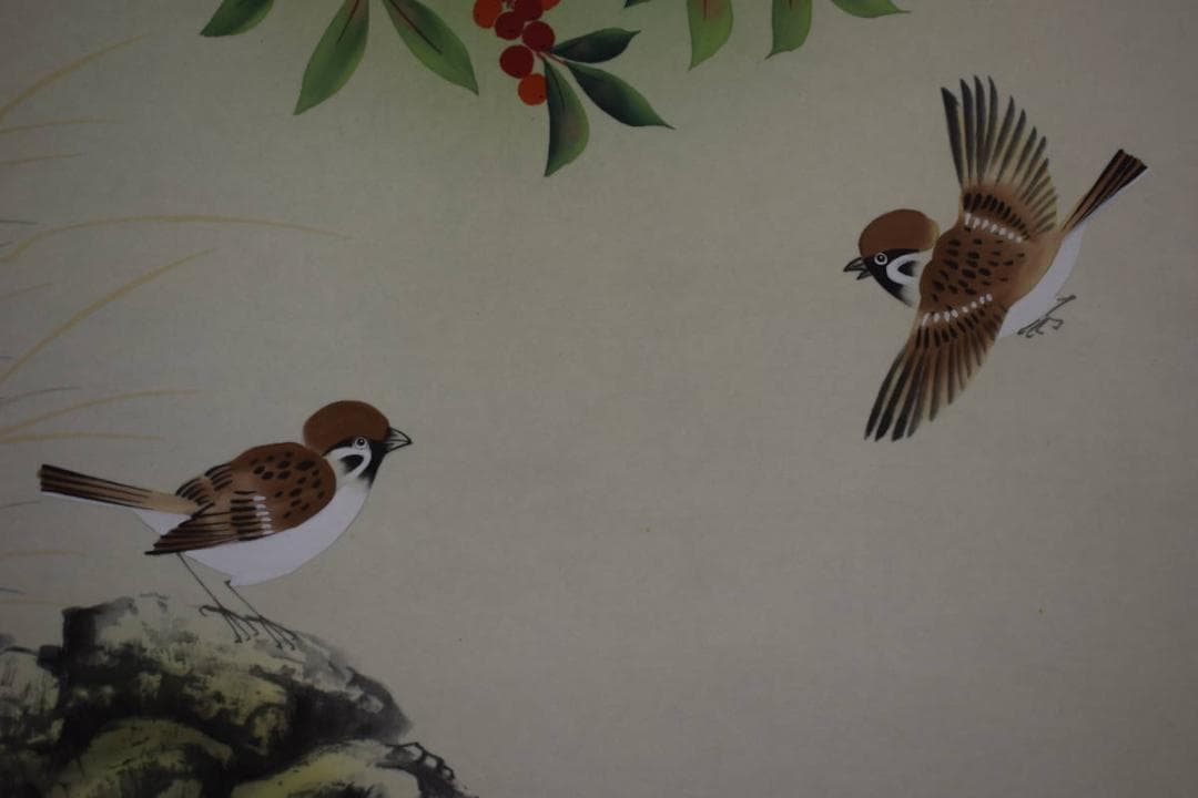 真作/松渓/南天に雀図/佛説入り/布袋屋掛軸HF-743