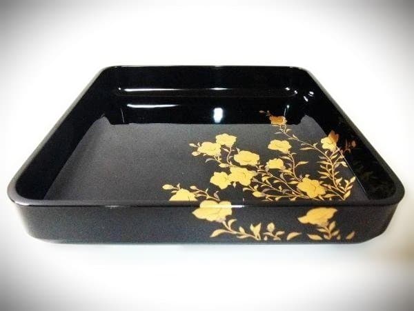 真黒蝋色塗 饅頭盆 桔梗蒔絵 金蒔絵 塗師「表哲」本漆器 時代物 骨董 美品