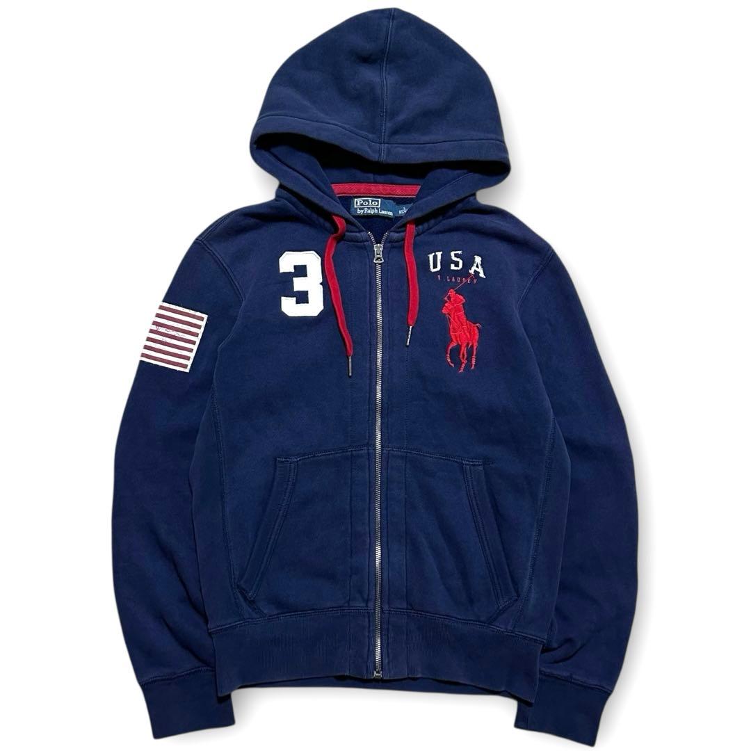 専用！90s ラルフローレン 国旗 刺繍 ビックポニー 短丈 ジップ パーカー