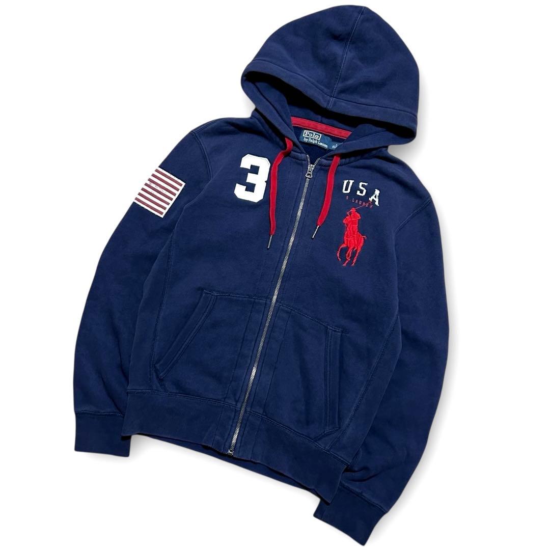 専用！90s ラルフローレン 国旗 刺繍 ビックポニー 短丈 ジップ パーカー
