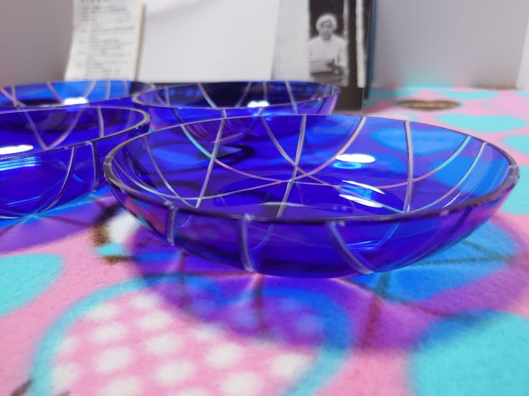 河上恭一郎 切子皿 瑠璃雪真垣文 5客 現代作家 カットグラス ガラス工芸 義山