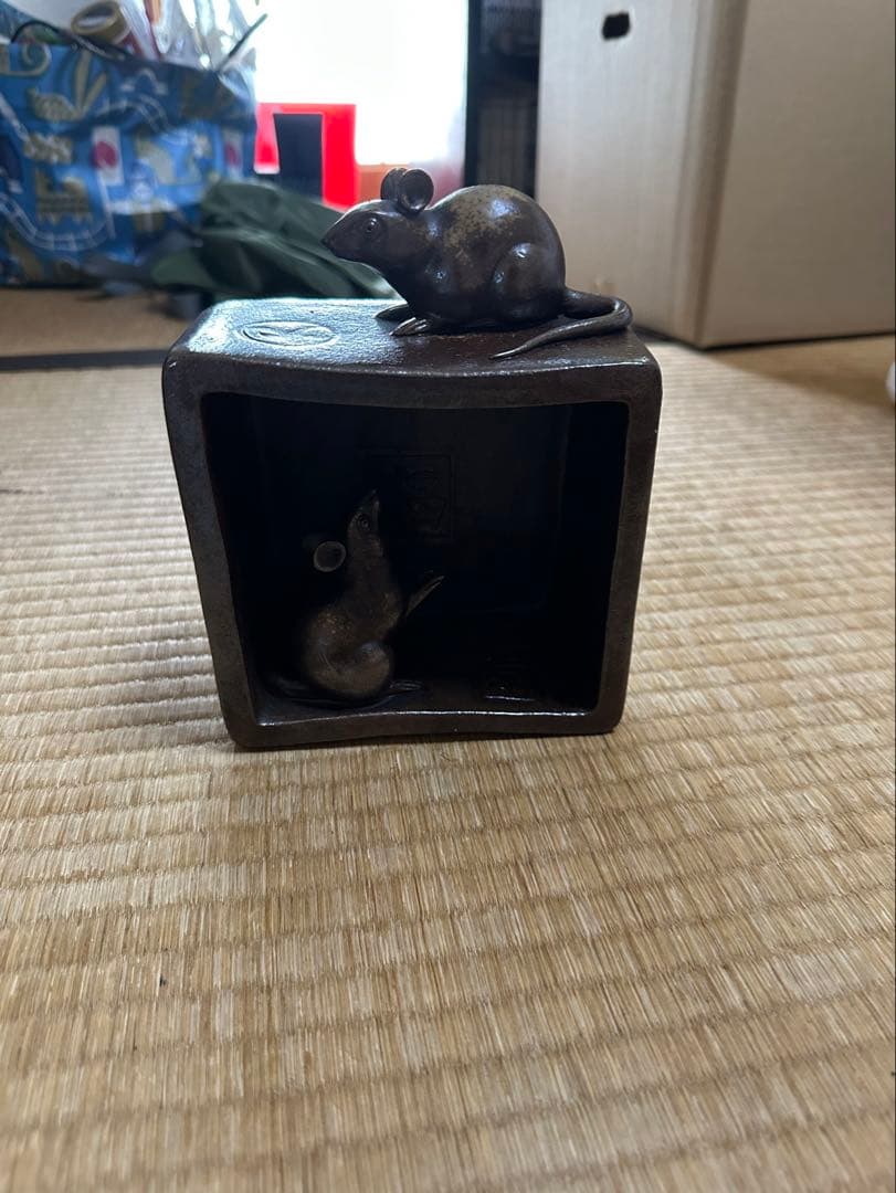 小西陶古 備前焼 子置物 共箱 細工物 ネズミ 鼠 珍品 工芸品 縁起物 枡