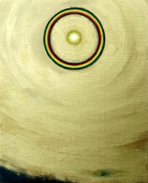 油絵 菅家令子絵 絵画インテリア額付(青緑＋金色の枠)F3-G112023風景祈