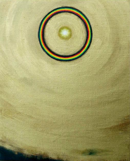 油絵 菅家令子絵 絵画インテリア額付(青緑＋金色の枠)F3-G112023風景祈