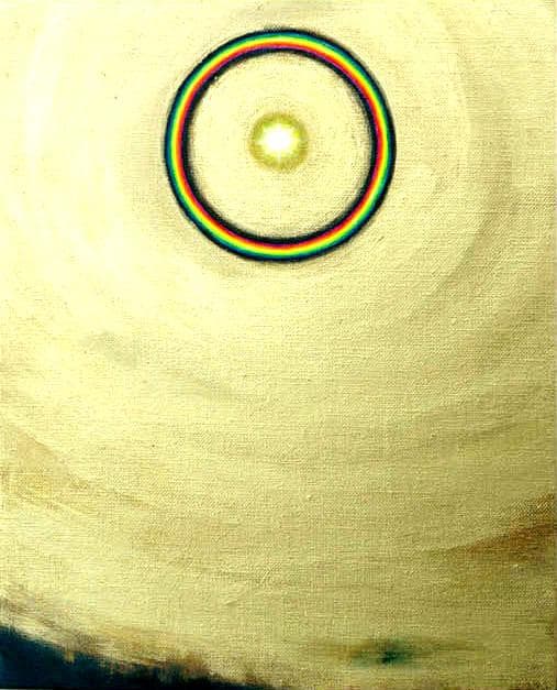 油絵 菅家令子絵 絵画インテリア額付(青緑＋金色の枠)F3-G112023風景祈