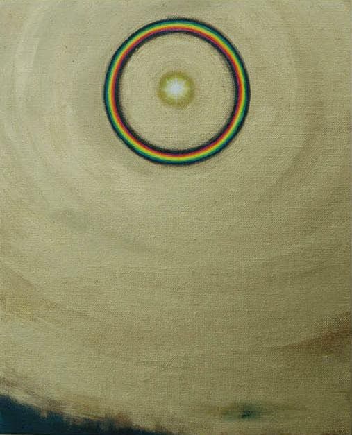 油絵 菅家令子絵 絵画インテリア額付(青緑＋金色の枠)F3-G112023風景祈