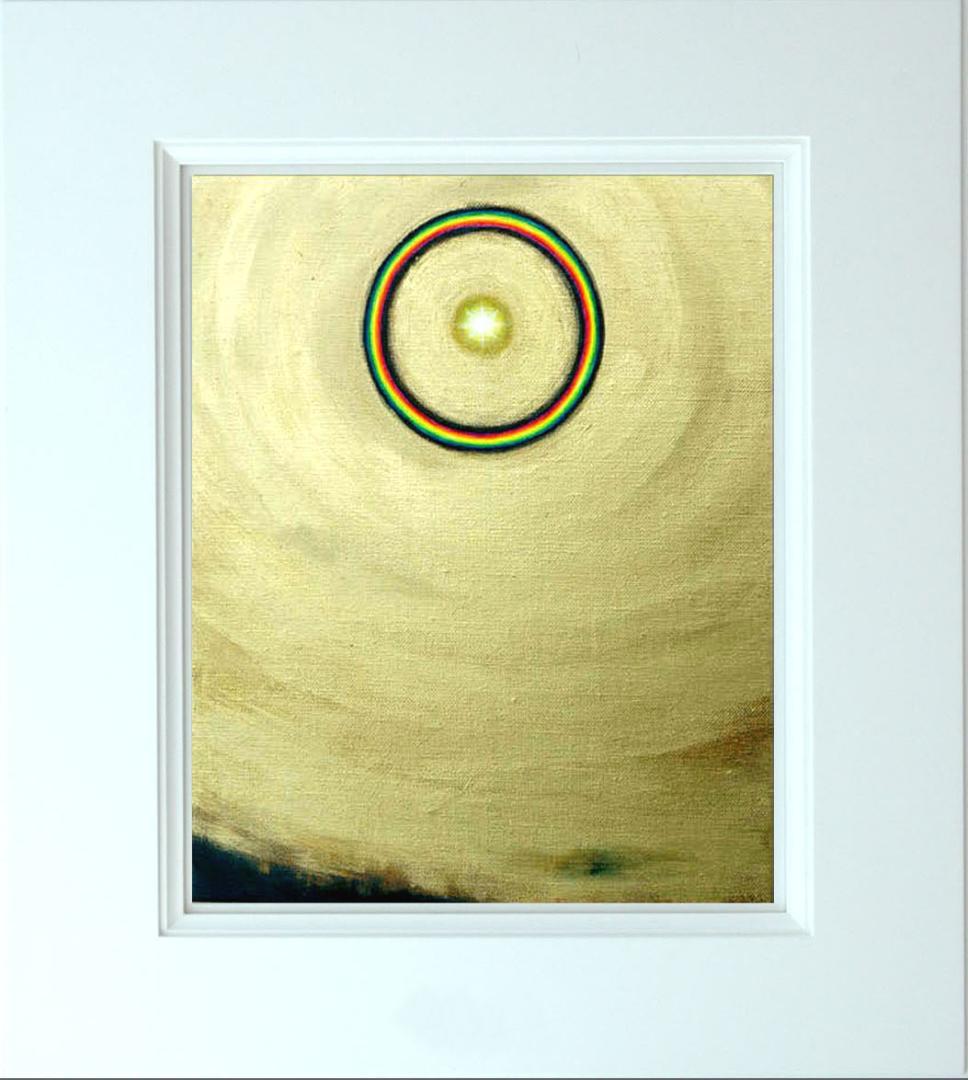 油絵 菅家令子絵 絵画インテリア額付(青緑＋金色の枠)F3-G112023風景祈