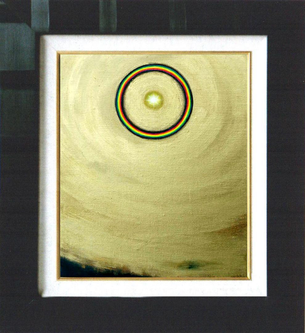 油絵 菅家令子絵 絵画インテリア額付(青緑＋金色の枠)F3-G112023風景祈