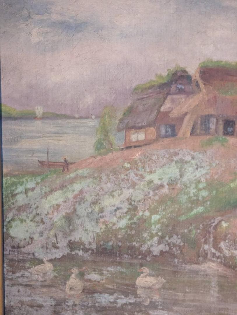 【真作】絵画　油彩12号　風景画　春の里山　桜咲く古民家の風景　U84