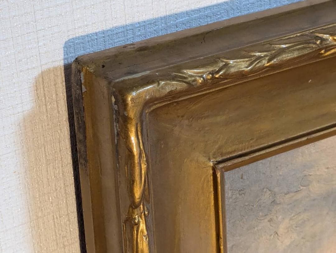 【真作】絵画　油彩12号　風景画　春の里山　桜咲く古民家の風景　U84