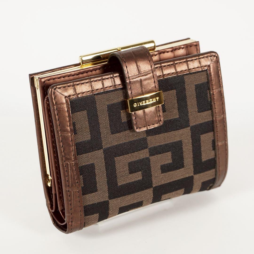 【極美品✨】ジバンシー　付属品　三つ折り財布　ロゴ総柄　がま口　レザー　ブラウン