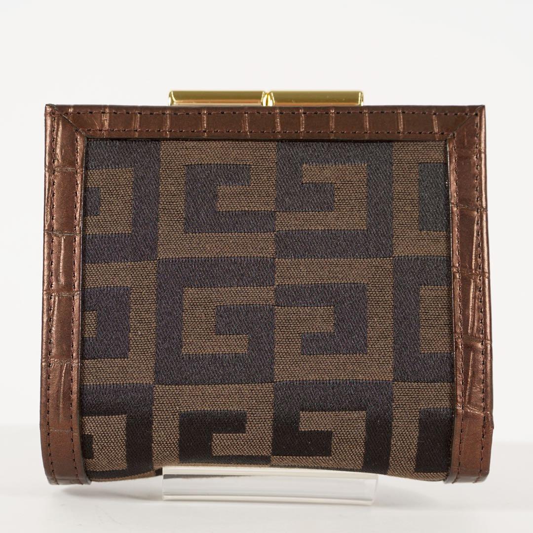 【極美品✨】ジバンシー　付属品　三つ折り財布　ロゴ総柄　がま口　レザー　ブラウン