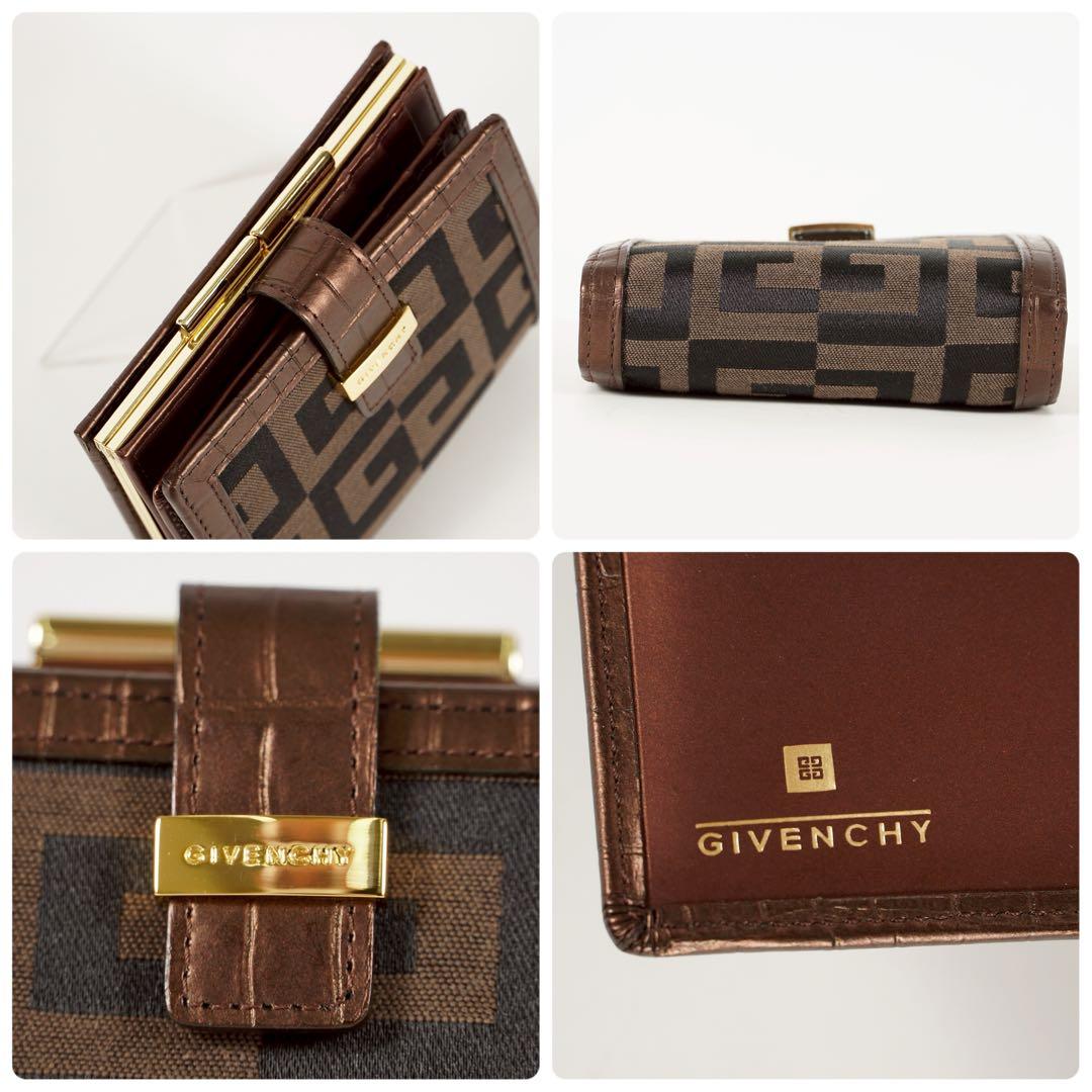 【極美品✨】ジバンシー　付属品　三つ折り財布　ロゴ総柄　がま口　レザー　ブラウン