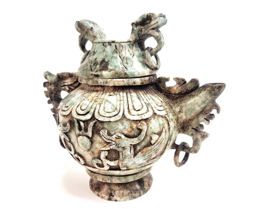 玉石製　玉彫 獣尊酒器 時代物 極細工 手彫り 置物 賞物 中国古美術 蔵出