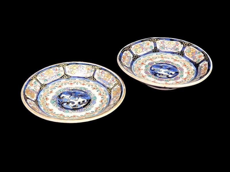 古伊万里　染錦　団龍紋に花の図　３寸皿　豆皿　手塩皿　２枚　E207AS-CPx