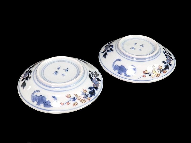 古伊万里　染錦　団龍紋に花の図　３寸皿　豆皿　手塩皿　２枚　E207AS-CPx