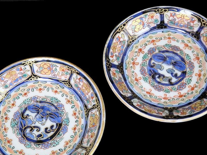 古伊万里　染錦　団龍紋に花の図　３寸皿　豆皿　手塩皿　２枚　E207AS-CPx