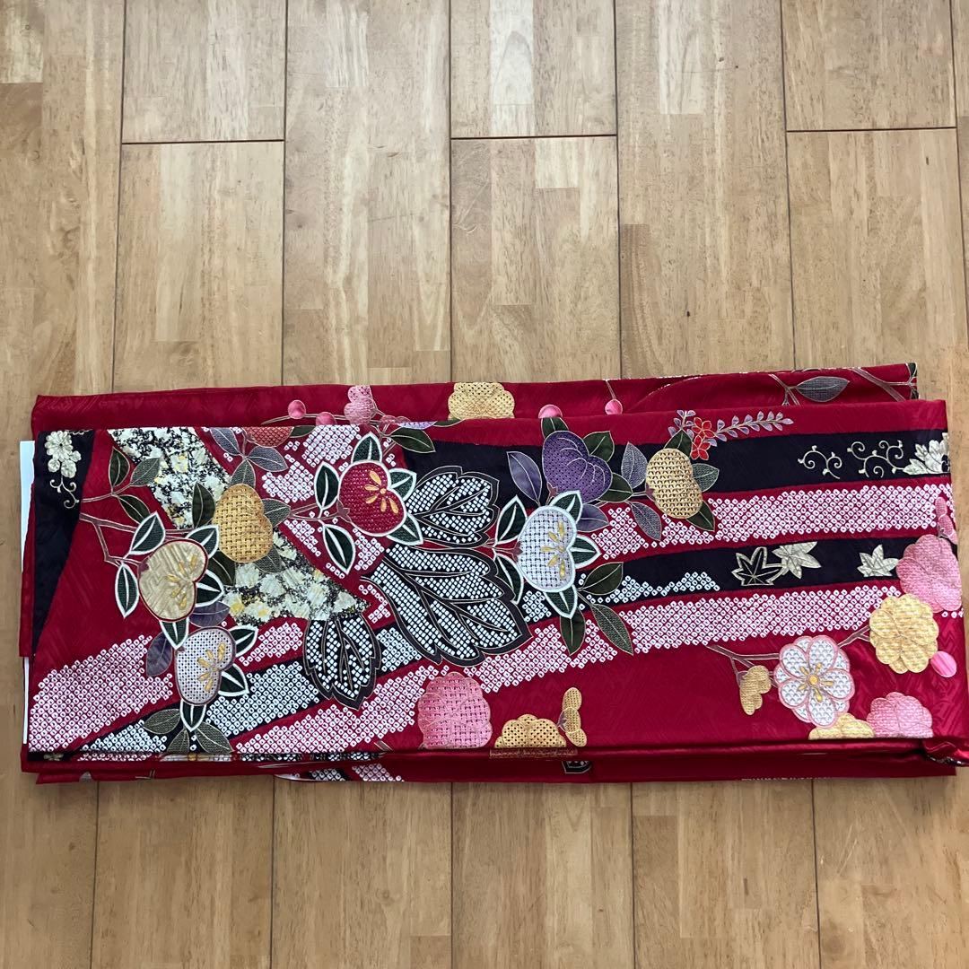 赤色花柄振袖 着物 成人式　帯