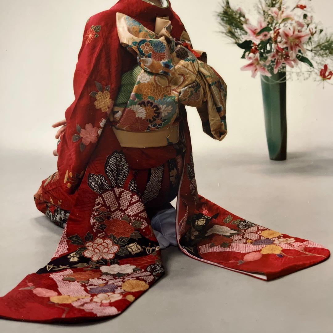 赤色花柄振袖 着物 成人式　帯