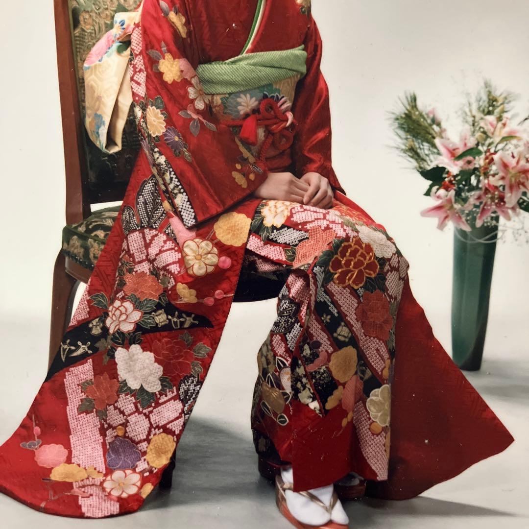 赤色花柄振袖 着物 成人式　帯