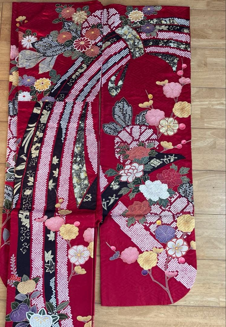 赤色花柄振袖 着物 成人式　帯