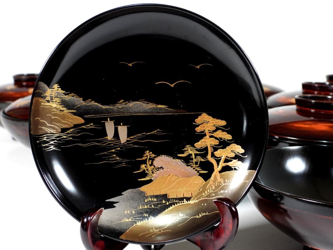 輪島　山水風景金蒔絵　木製　蓋付大椀　お煮物椀　吸物椀　10客