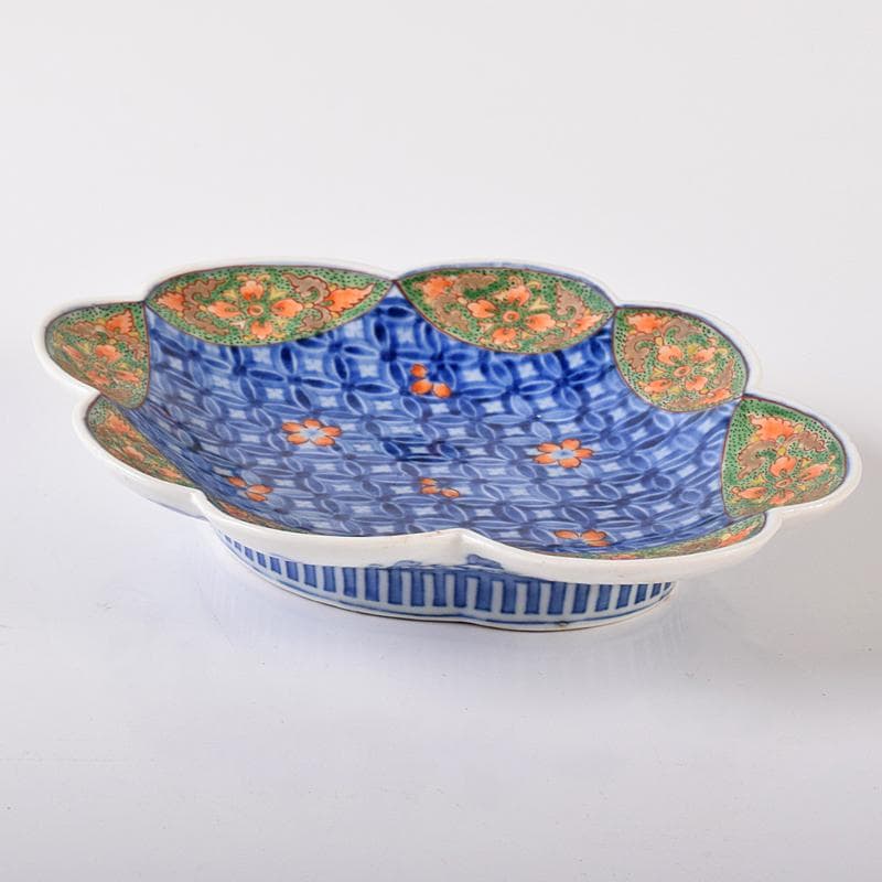 鍋島焼　古鍋島　染錦　七宝花文　楕円輪花皿　時代箱付　V　R7940