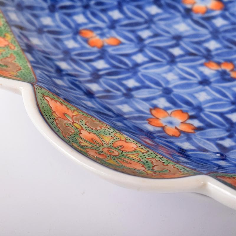 鍋島焼　古鍋島　染錦　七宝花文　楕円輪花皿　時代箱付　V　R7940