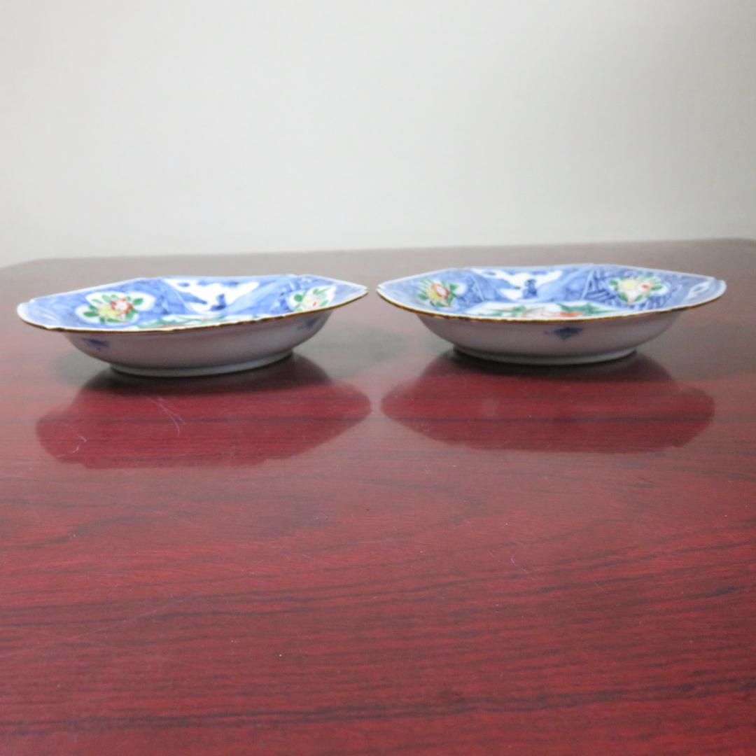 六角皿 色絵付 ザクロ セミ 染付 変形皿 明治 大正 窯傷 2枚