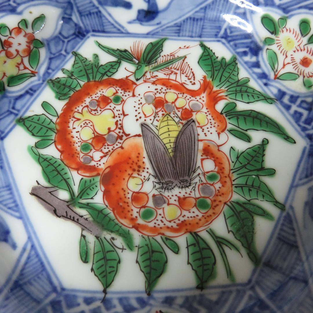 六角皿 色絵付 ザクロ セミ 染付 変形皿 明治 大正 窯傷 2枚