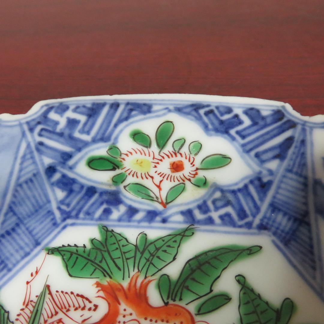 六角皿 色絵付 ザクロ セミ 染付 変形皿 明治 大正 窯傷 2枚