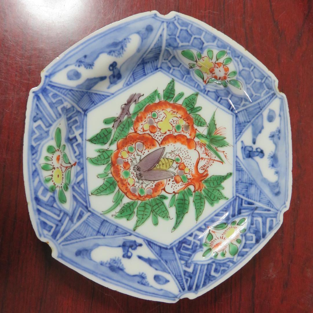 六角皿 色絵付 ザクロ セミ 染付 変形皿 明治 大正 窯傷 2枚