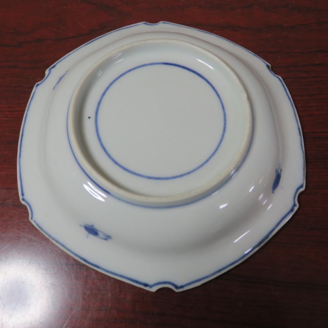 六角皿 色絵付 ザクロ セミ 染付 変形皿 明治 大正 窯傷 2枚