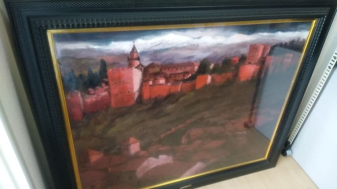 スペイン風景油絵40号 松田　弘　赤い城（アルハンブラ宮殿)