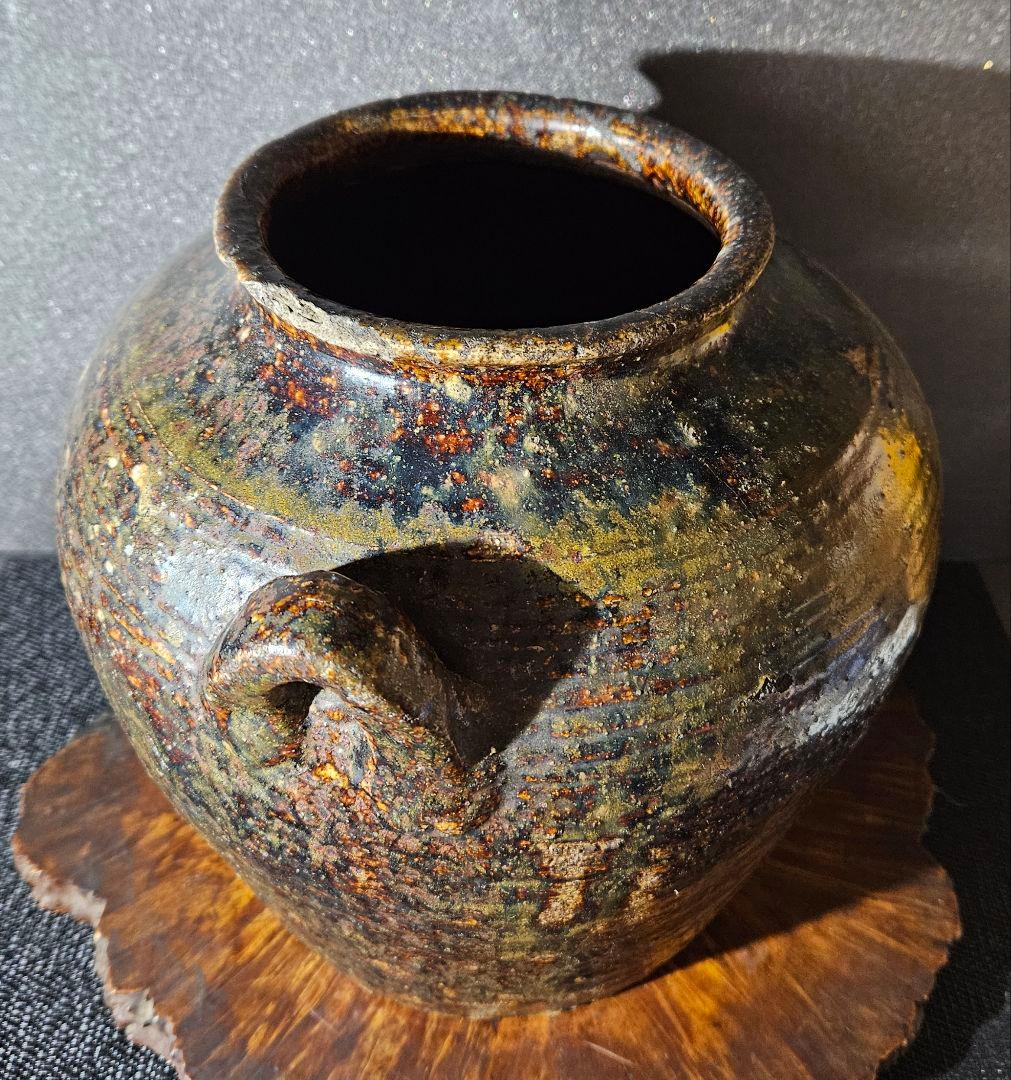 名壺❗】17世紀頃　東南アジア 古琉球系　窯変　双耳　大壺　酒会壺 【見事な窯変