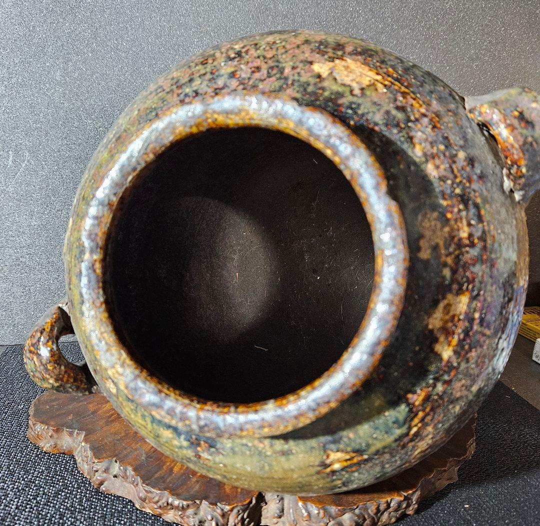名壺❗】17世紀頃　東南アジア 古琉球系　窯変　双耳　大壺　酒会壺 【見事な窯変