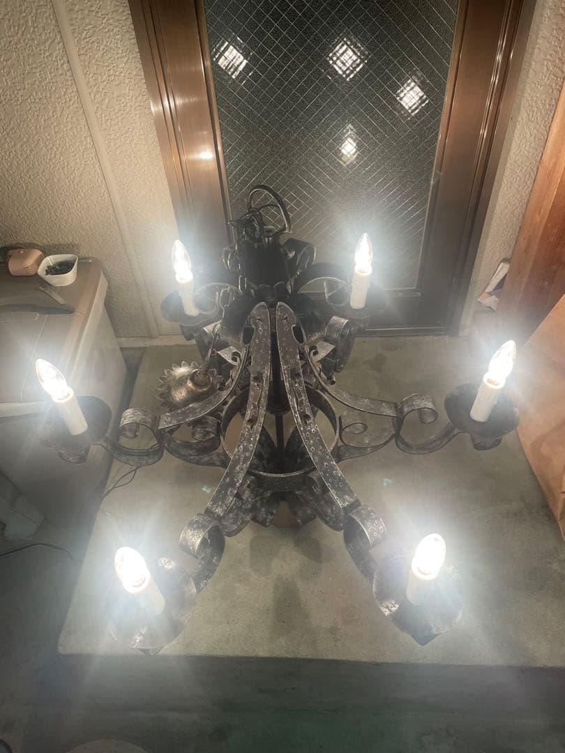 大正ロマン　6灯シャンデリア　アンティーク　燭台風　洋館　レトロ　鉄製　中古品