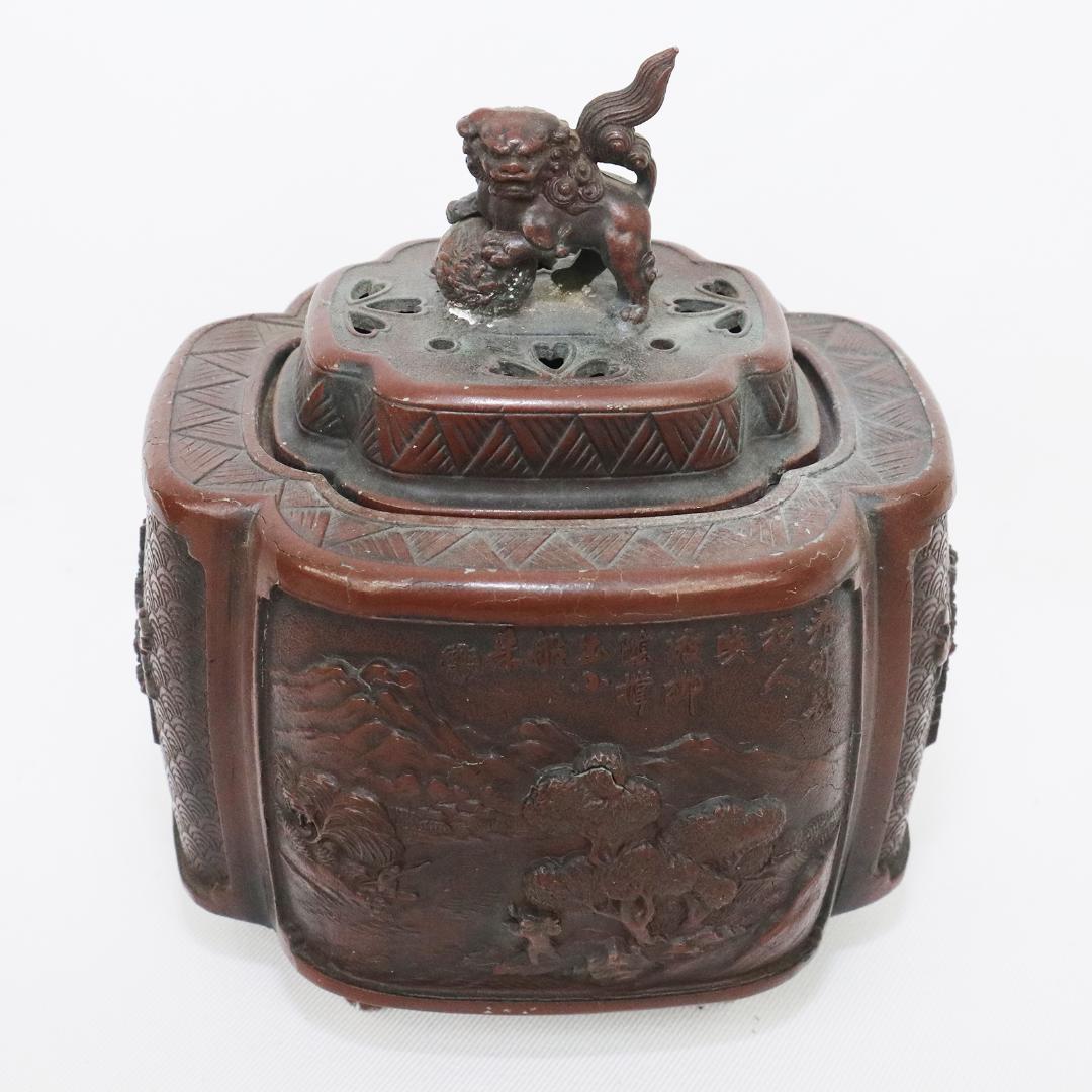 高岡銅器 佐野宏采 山水 風景図 玉乗獅子摘 四足香炉