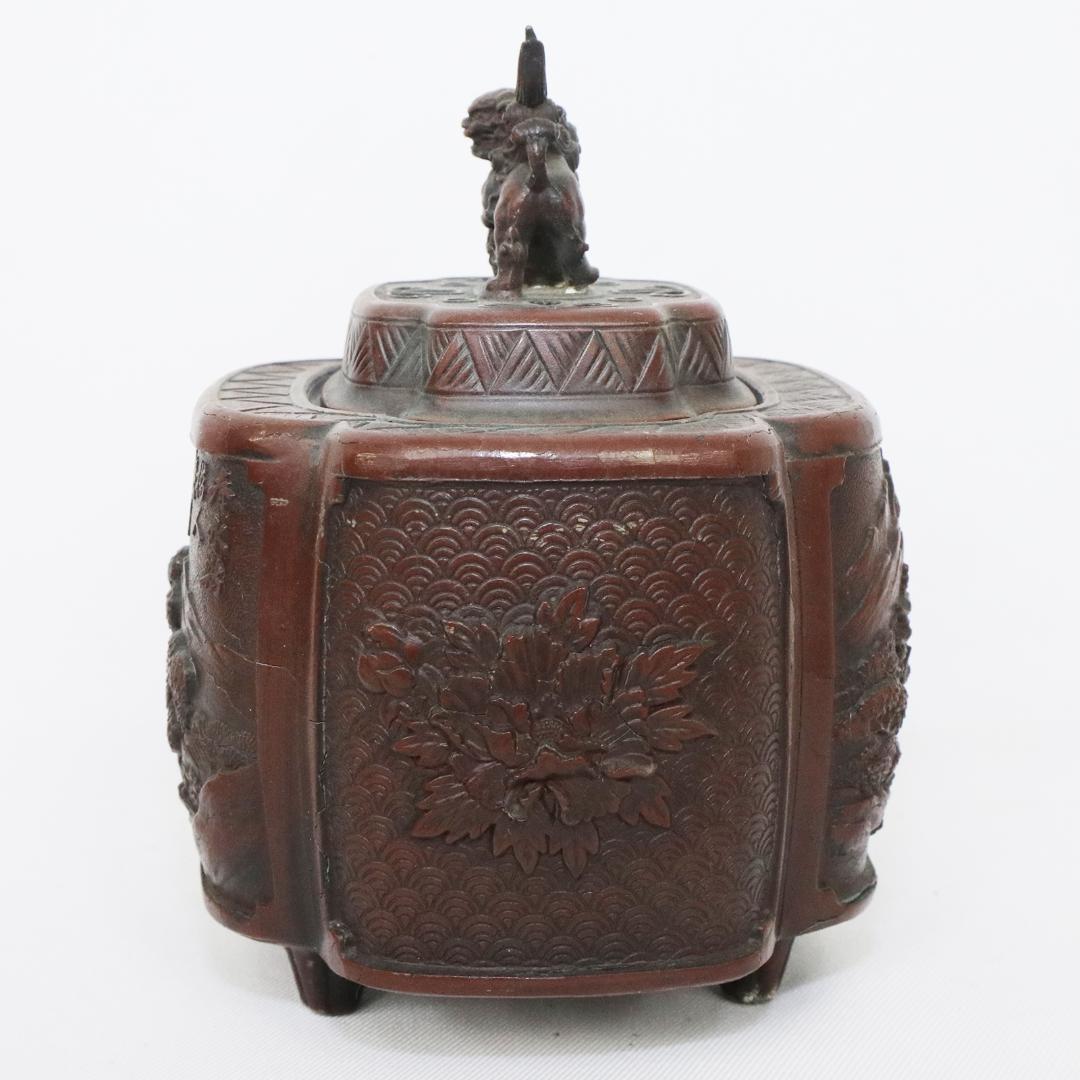 高岡銅器 佐野宏采 山水 風景図 玉乗獅子摘 四足香炉