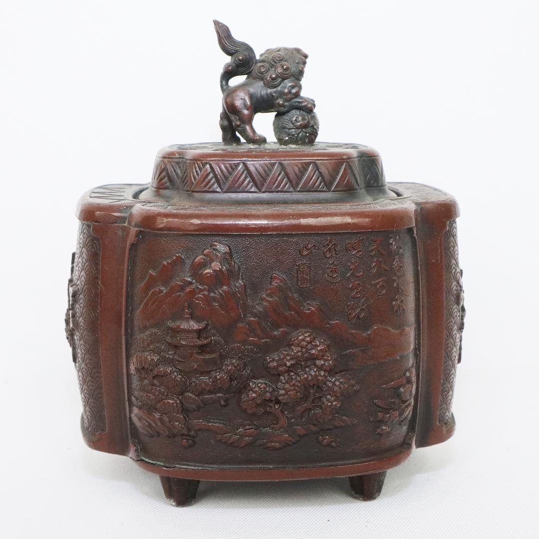 高岡銅器 佐野宏采 山水 風景図 玉乗獅子摘 四足香炉