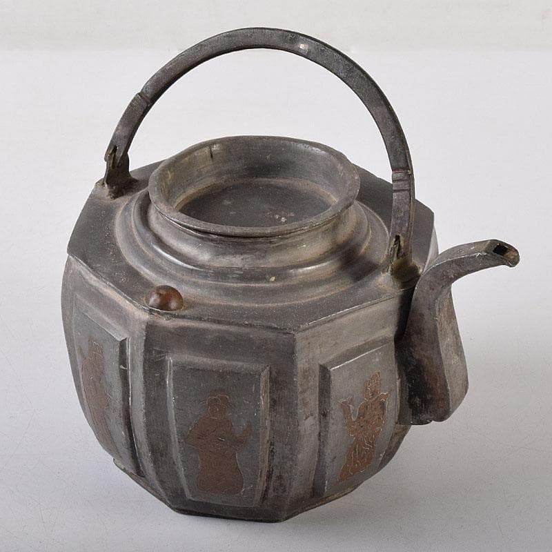 BLACK　中国　古錫　人物文　八角湯沸かし　急須　V　8087