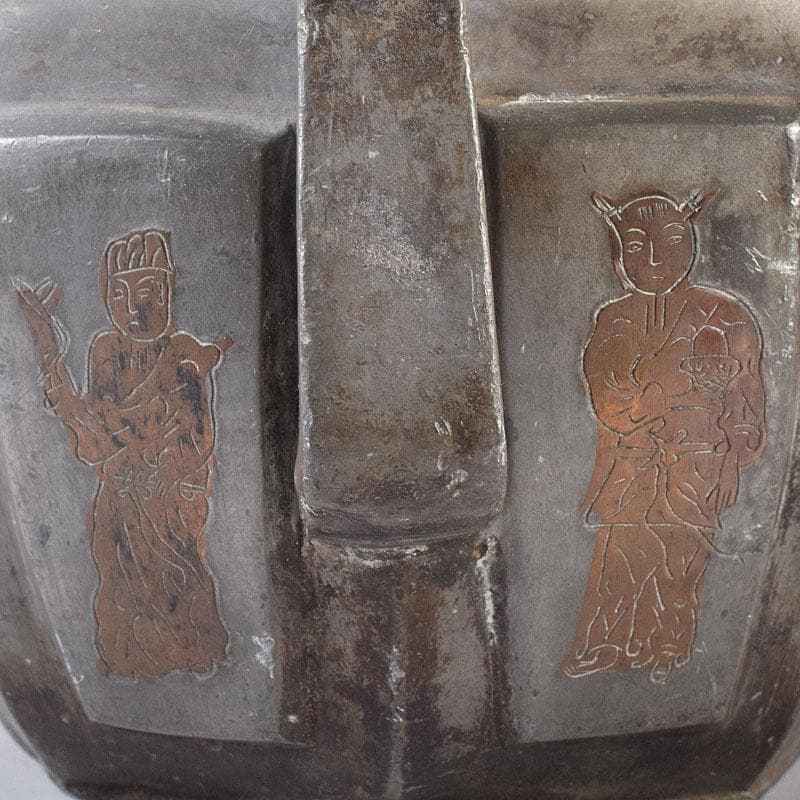 BLACK　中国　古錫　人物文　八角湯沸かし　急須　V　8087