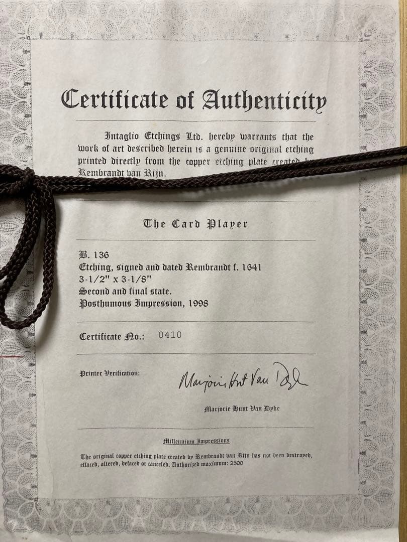 銅版画・エッチング【レンブラント】 「カード遊びをする人」黄袋付き　豪華額装