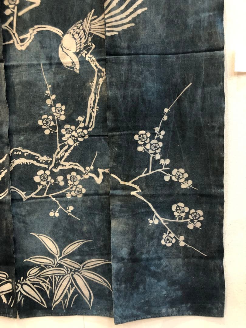 藍染筒描き三巾加賀のれん時代物木綿古布　ソ-282