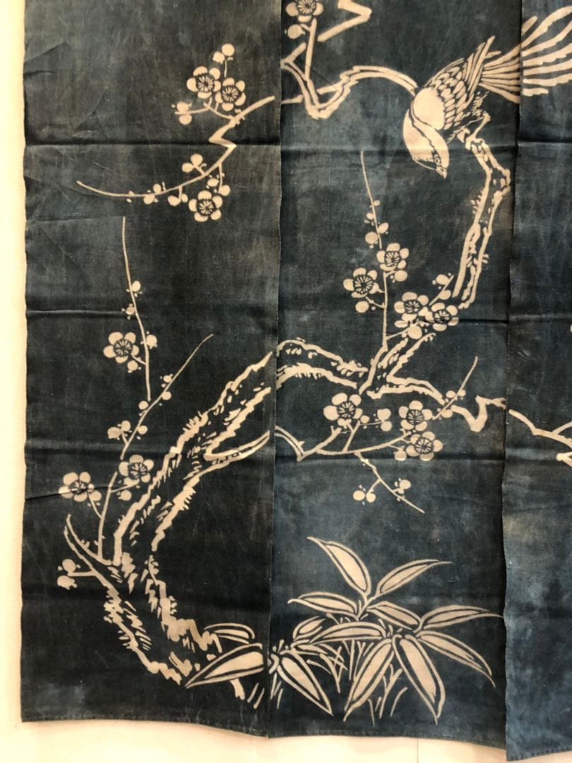 藍染筒描き三巾加賀のれん時代物木綿古布　ソ-282