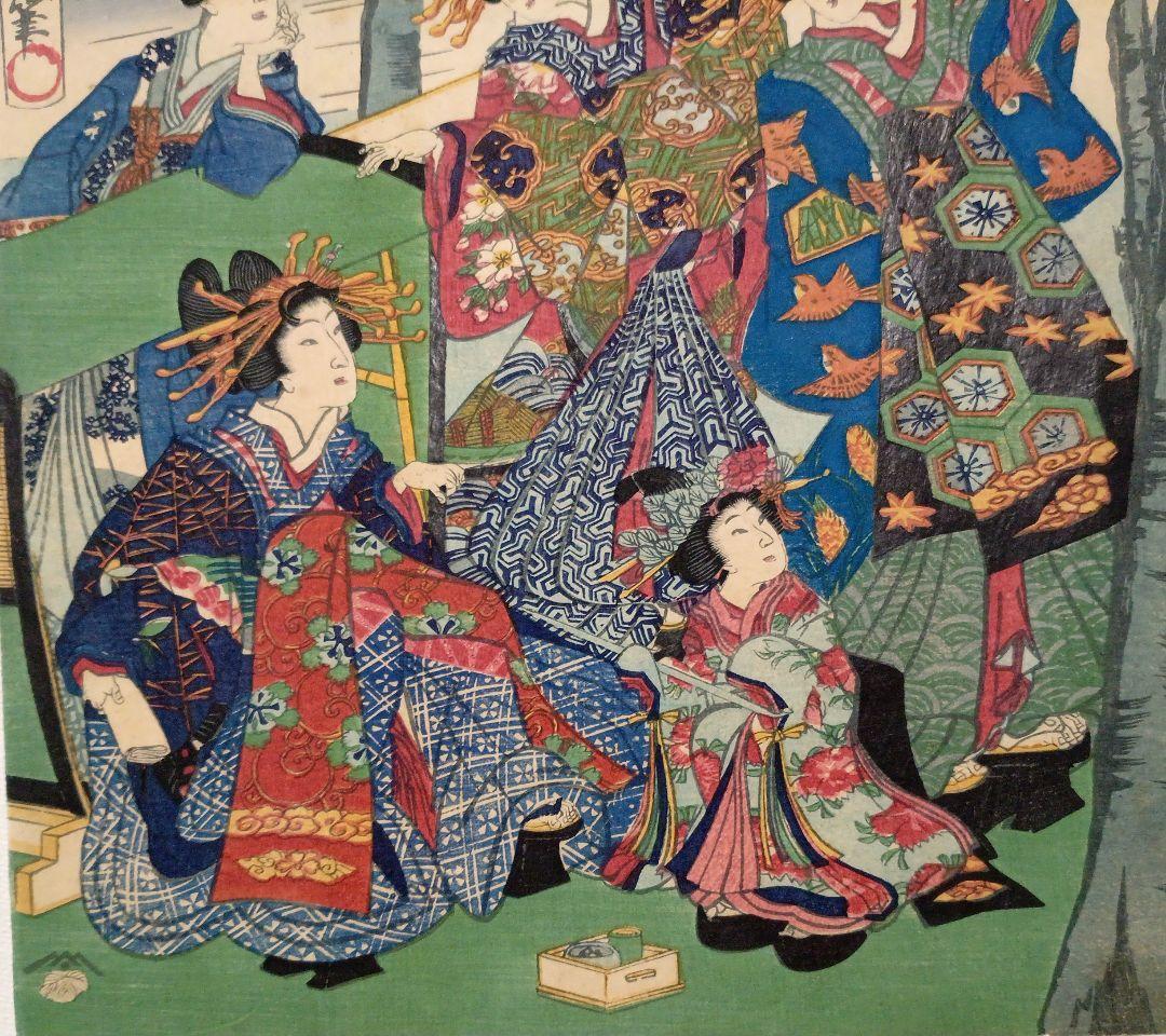 浮世絵版画、全盛楼花見夕栄（蒸気船)三枚綴り、景色昇斎画、人物三世豊国実は4代画